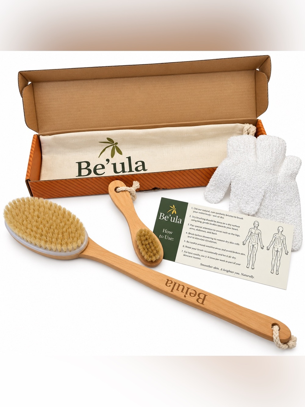 Belula Premium Dry Brushing Body Brush Set Boar Bristle W/Small Brush & Bag NEW